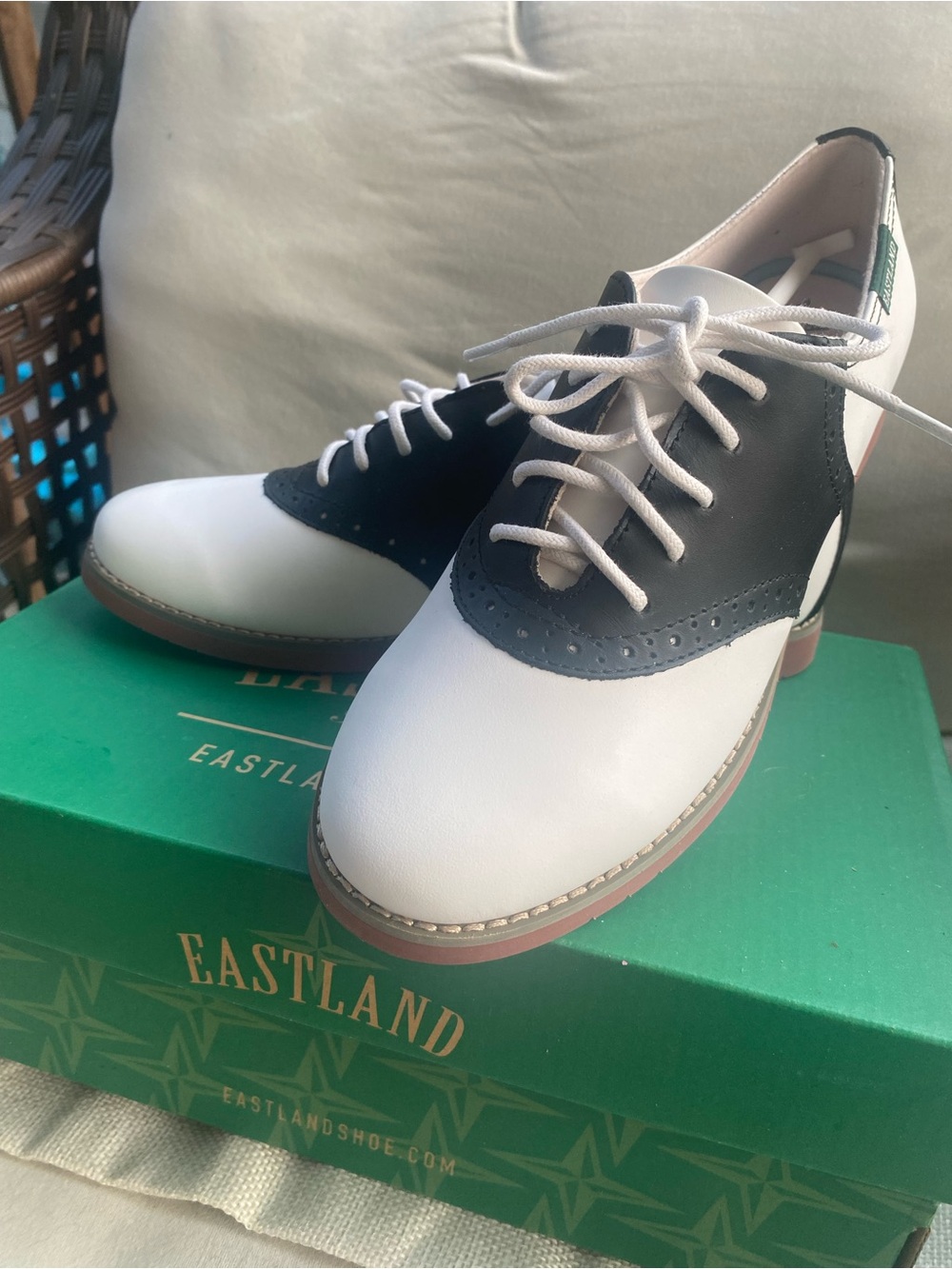 Eastland Two-Tone White and Black Saddle Oxford Flats